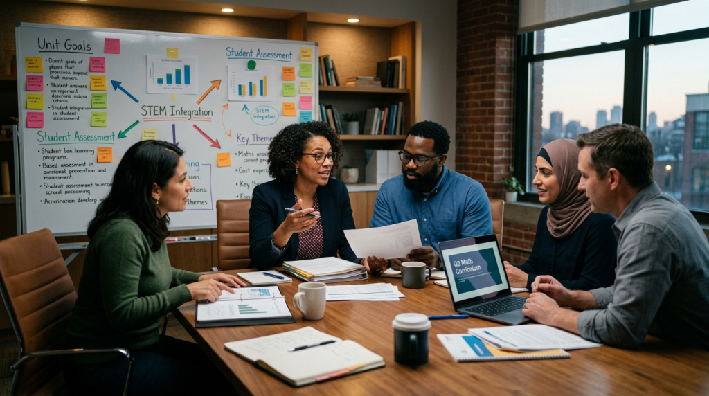 Group of five professionals discussing STEM education plans around a conference table with charts and notes